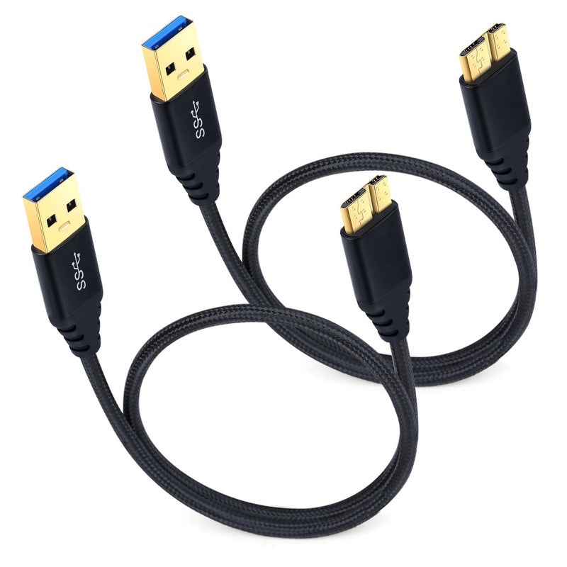 Besgoods كابل بيسجودز مايكرو USB 3.0 - 1.5 قدم/50 سم كابل USB نوع A ذكر إلى مايكرو B كابل مضفر لمحرك الأقراص الخارجي، سامسونج جالاكسي S5، جالاكسي نوت 3-2 حزمة، أسود - Image 1